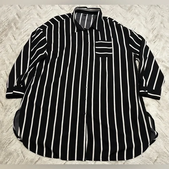 SHEIN Curve Black and White Striped Long Sleeve Button Down T-Shirt Dress - Picture 5 of 12